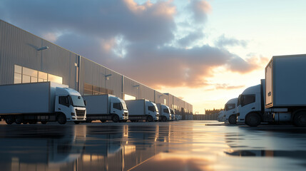 Semi-trailer trucks lined up outside a sunset-lit distribution warehouse with loading docks