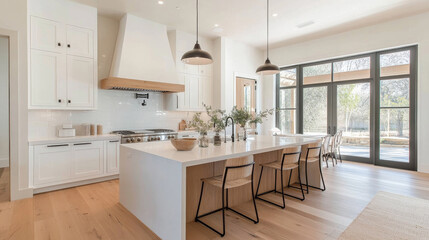 Modern kitchen design features spacious island with seating, sleek cabinetry, and large windows that bring in natural light, creating warm and inviting atmosphere