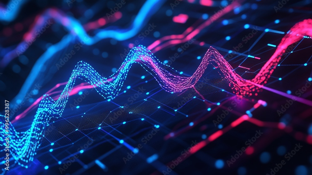 Poster abstract digital data visualization in vibrant colors, showcasing dynamic patterns and fluctuations 