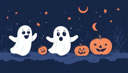 Friendly ghosts and pumpkins, Halloween theme, flat design illustration
