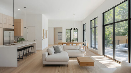 Modern living room with open layout, featuring white sofa, wooden dining table, and large windows allowing natural light. space exudes calm and inviting atmosphere