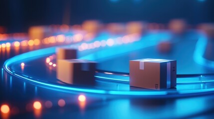Packages moving on a conveyor belt with neon lighting, modern logistics background.