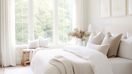Fototapeta premium A serene bedroom featuring light color palette, large windows, and soft textiles creates calming atmosphere. natural light enhances cozy ambiance, perfect for relaxation