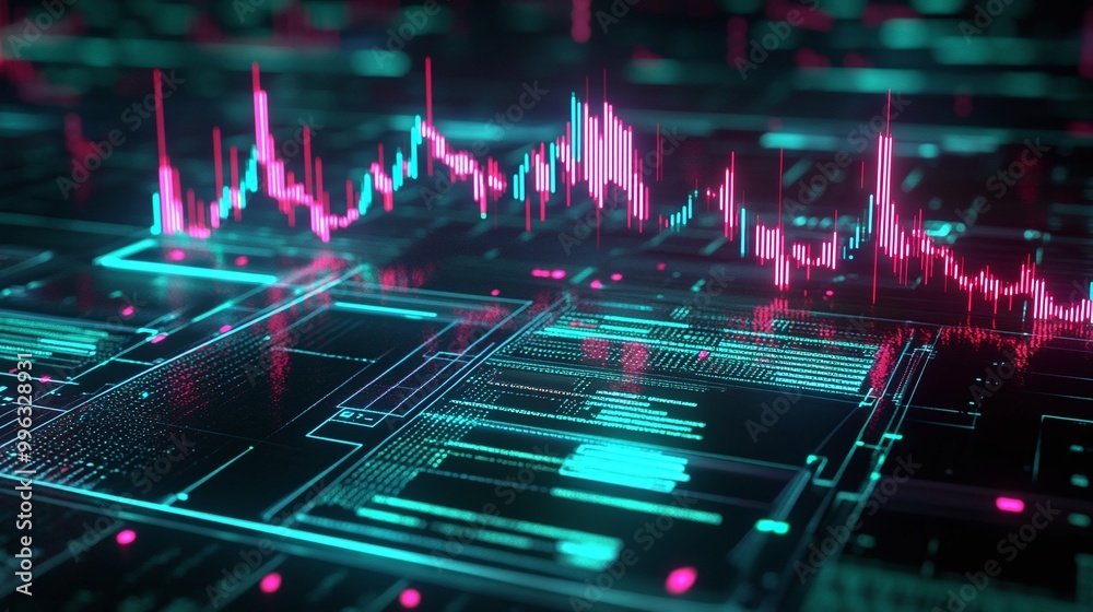 Poster abstract digital data visualization with bright neon colors and graph patterns on a dark background.