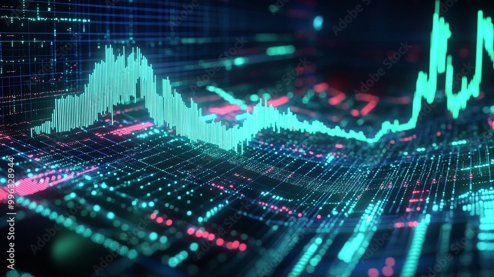 Poster abstract digital data visualization with colorful chart elements and glowing lines, representing mod