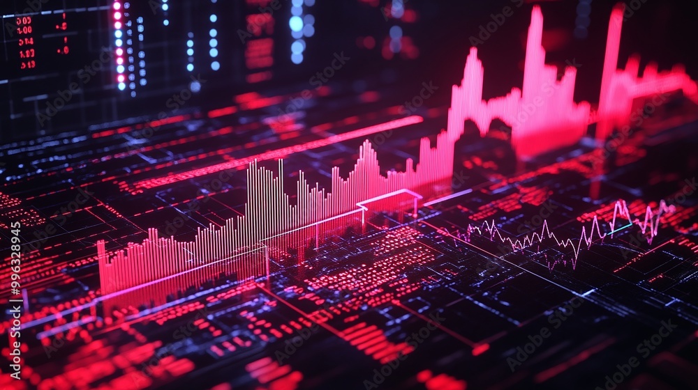 Poster abstract digital data visualization with bright red tones and dynamic charts showing data analysis t