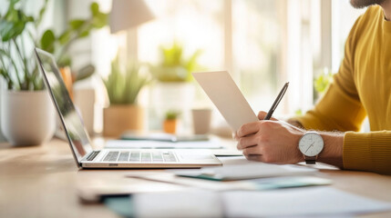 Fototapeta premium A person is focused on writing notes while sitting at desk with laptop and surrounded by plants, creating productive and serene workspace atmosphere