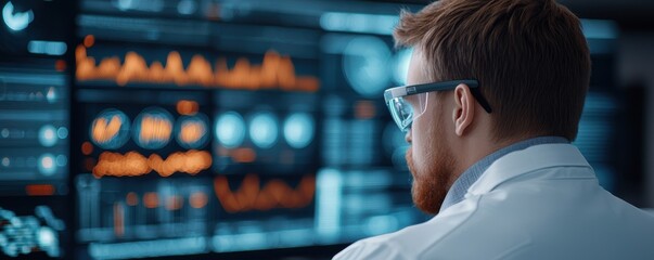 Scientist analyzing data on a computer screen in a modern laboratory.