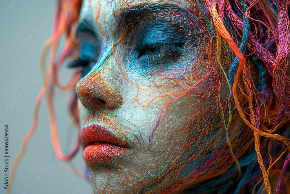 Poster a face crafted from tangled multicolored yarn,