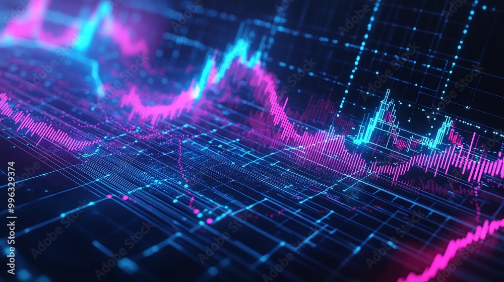 Poster abstract digital data visualization with colorful graphs and lines on a dark background.