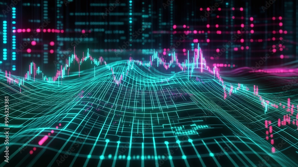 Poster abstract digital data visualization with colorful graphs and charts, representing stock market trend