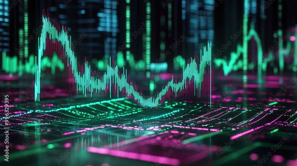 Poster abstract digital data visualization with colorful graphs and charts on a dark background.