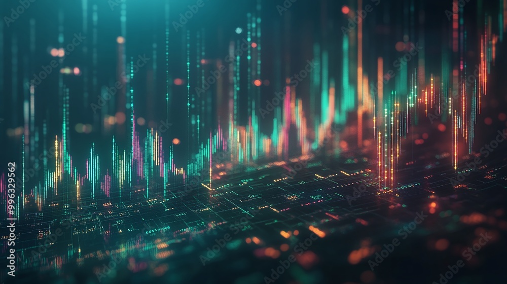 Poster abstract digital data visualization with colorful graphs on a dark background.
