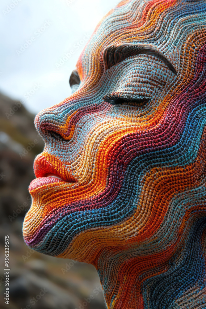 Aufkleber a face constructed from colorful threads of yarn,