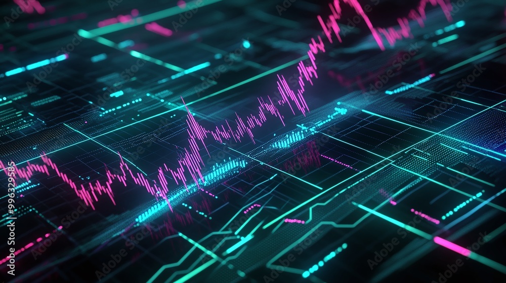 Poster abstract digital data visualization with colorful, vibrant lines representing statistics and graphs.