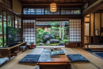 Fototapeta premium Traditional Japanese living room with tatami mats. Perfect for showcasing a serene and minimalist lifestyle.