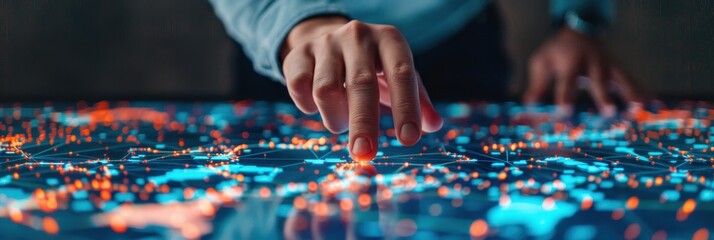 Close-up of a hand interacting with a futuristic digital world map on a touchscreen, representing global connectivity, technology, and data visualization.