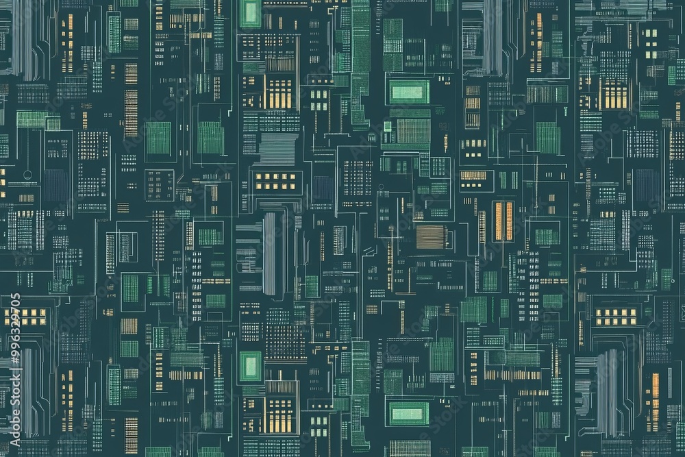 Poster the seamless electronics circuit board background texture is a vibrant neon lime green and dark turq