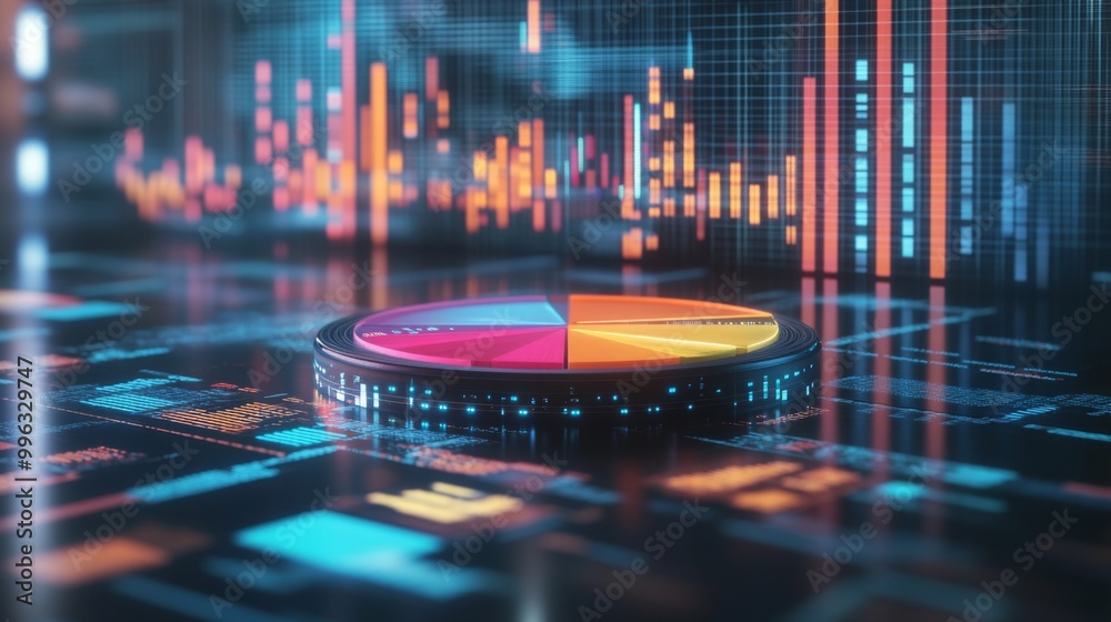 Poster a dynamic 3d pie chart displaying various financial data segments, with vibrant colors and floating 