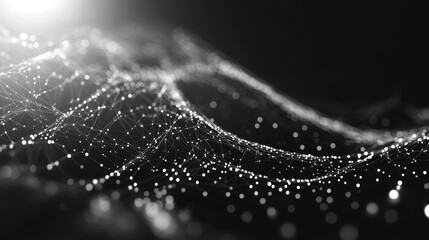 Abstract digital connection of moving dots and lines, representing a technological background. A network connection structure in black and white polygonal space with a weave effect. Vector illustratio