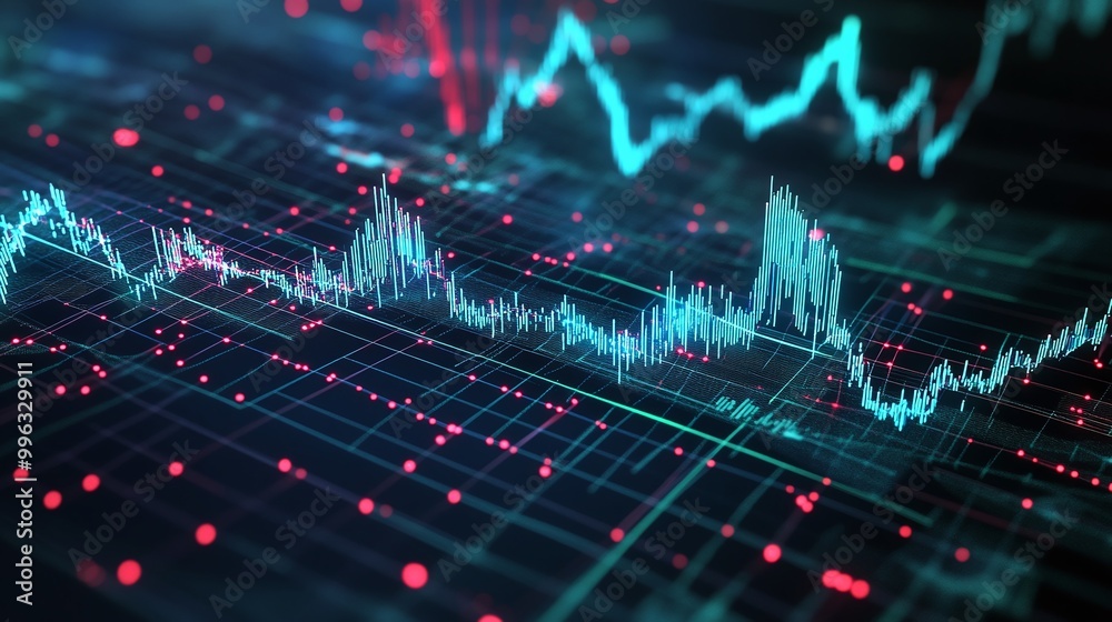 Poster abstract digital data visualization with fluctuating graphs and colorful indicators on a dark backgr