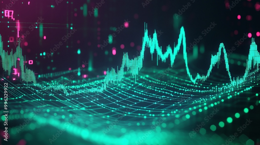 Poster abstract digital data visualization with dynamic waveforms and vibrant colors in a conceptual repres
