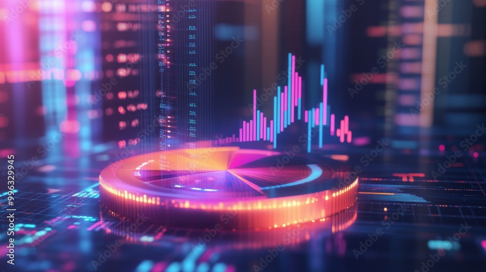 Poster a dynamic 3d pie chart displaying various financial data segments, with vibrant colors and floating 