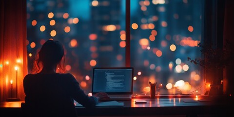 Late Night Reporting, journalist immersed in work, warm light enveloping the office, city lights softly glowing in the background