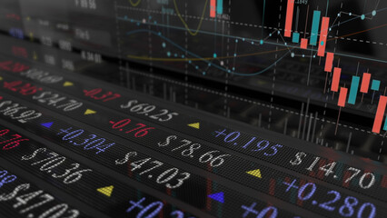 stock market candlsteek on the screen laptop keyboard Trading platform screen HUD. Stock chart, candles, index data pattern.2