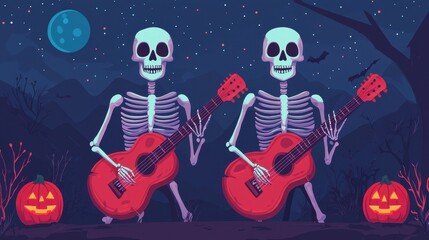 Fototapeta premium Two skeletons playing guitars under a spooky moonlit night.