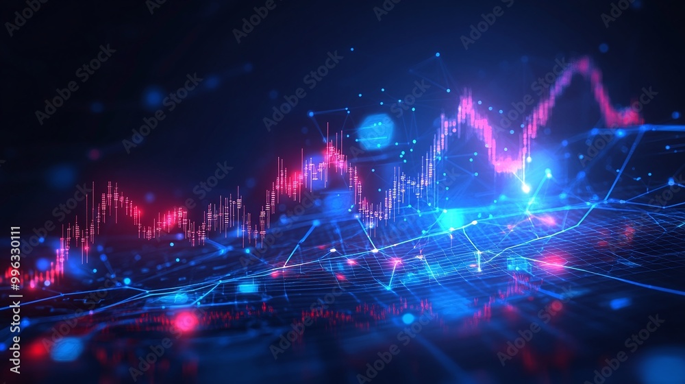 Poster abstract digital data visualization with glowing charts and graphs on a dark background.