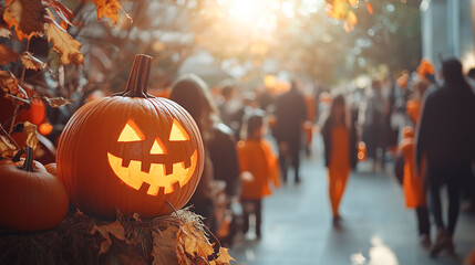 Pumpkin themed Halloween costume party with guests in bright orange outfits, halloween road background
