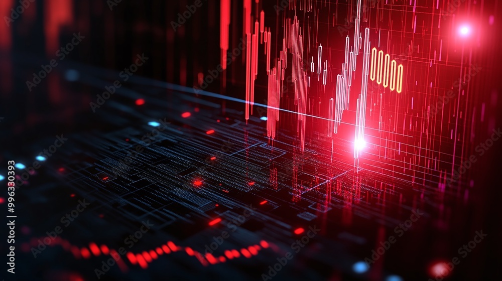 Poster abstract digital data visualization with glowing elements and dynamic graphs in red tones.