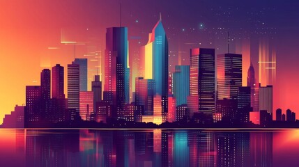 A dynamic illustration of a city skyline created in a graphic style, emphasizing creativity and urban design with bold colors and shapes.