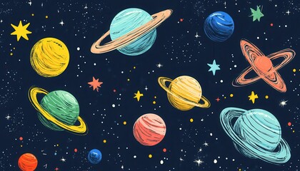Wax crayon planets and stars, abstract space theme, flat design illustration