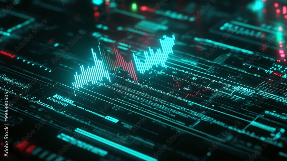 Poster abstract digital data visualization with glowing graphs and circuitry patterns in blue and red hues.
