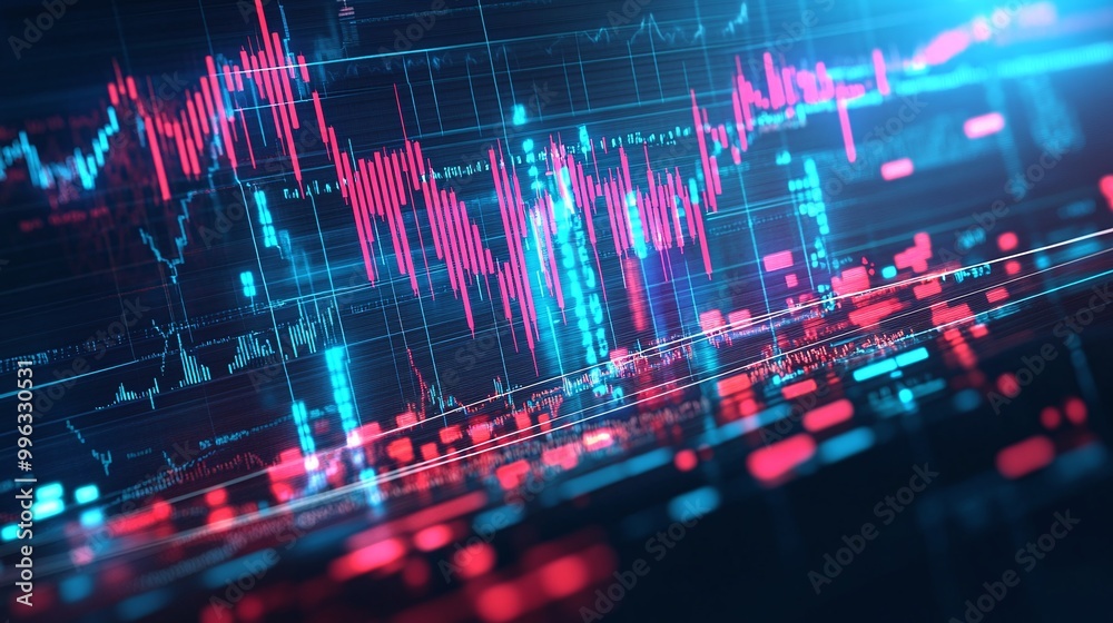 Poster abstract digital data visualization with glowing graphs and indicators reflecting market trends and 