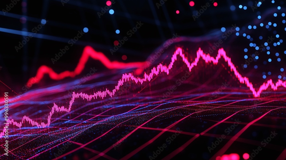 Poster abstract digital data visualization with glowing graphs and lines on a dark background.