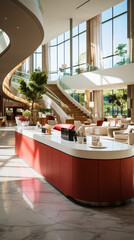 A modern spa reception area with a curved staircase, sleek red and white counter, minimalist seating, and large windows.