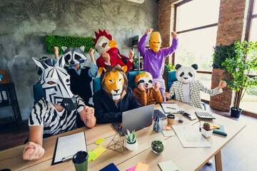 Photo of panda rooster gorilla lion sloth zebra raccoon mask business people desk laptop raise...