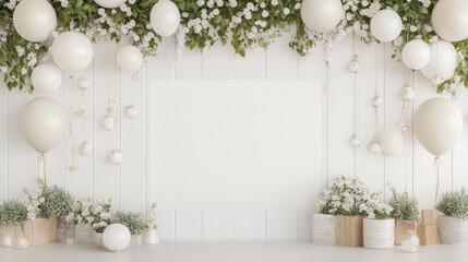 A serene and elegant backdrop featuring white balloons, lush greenery, and delicate flowers creates perfect setting for celebrations. blank space invites personalization for any occasion