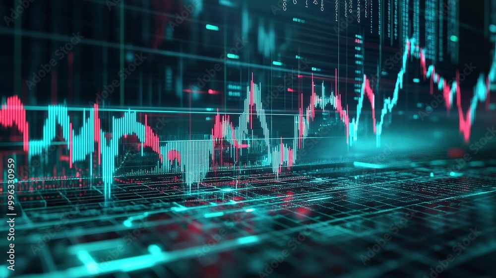 Poster abstract digital data visualization with glowing graphs on a dark background.