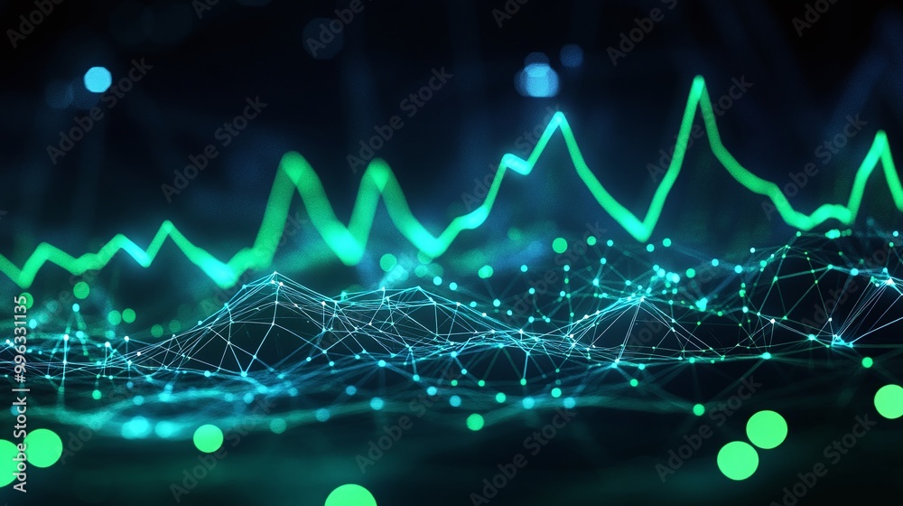 Aufkleber abstract digital data visualization with glowing green lines and points against a dark background.