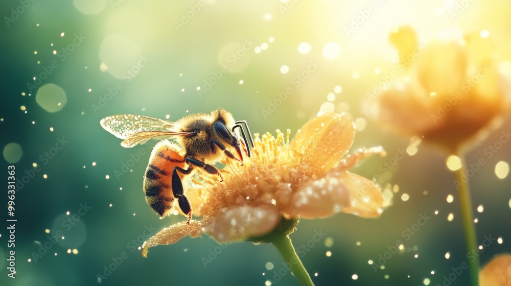 Poster a dynamic shot of a bee landing on a flower covered in dew, showcasing the interaction between wildl