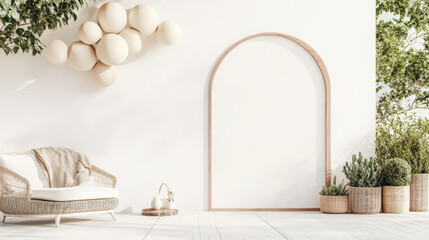 A serene interior scene featuring cozy rattan chair, minimalist arch frame, and decorative plants. soft color palette and natural elements create calming atmosphere