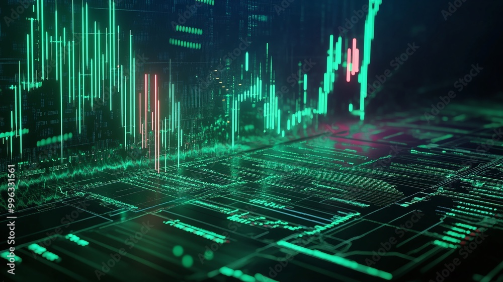 Poster abstract digital data visualization with glowing lines and charts.