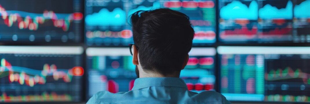 A financial analyst views multiple monitors displaying stock market graphs and data, representing finance, investment, and data analysis.