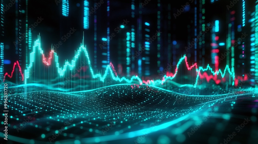 Poster abstract digital data visualization with glowing lines and dots on a dark background, representing f