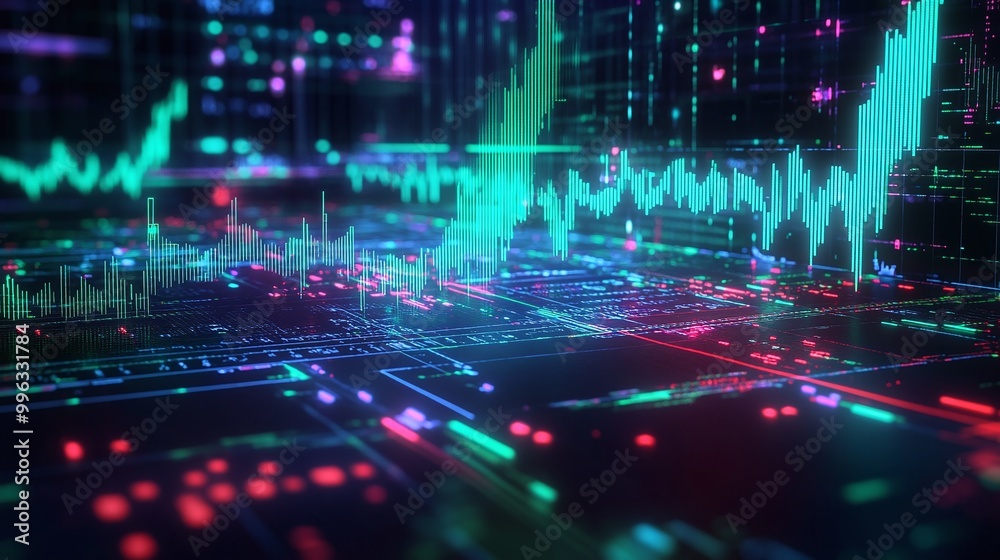 Aufkleber abstract digital data visualization with glowing lines and graphs on a dark background.