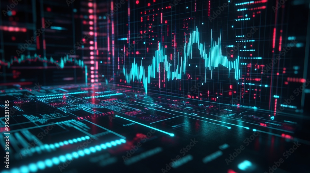 Poster abstract digital data visualization with glowing lines and graphs on a dark background.
